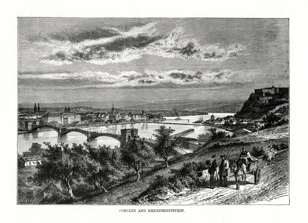 Koblenz ve Ehrenbreitstein Kalesi, Almanya, 1879 by Unbekannt