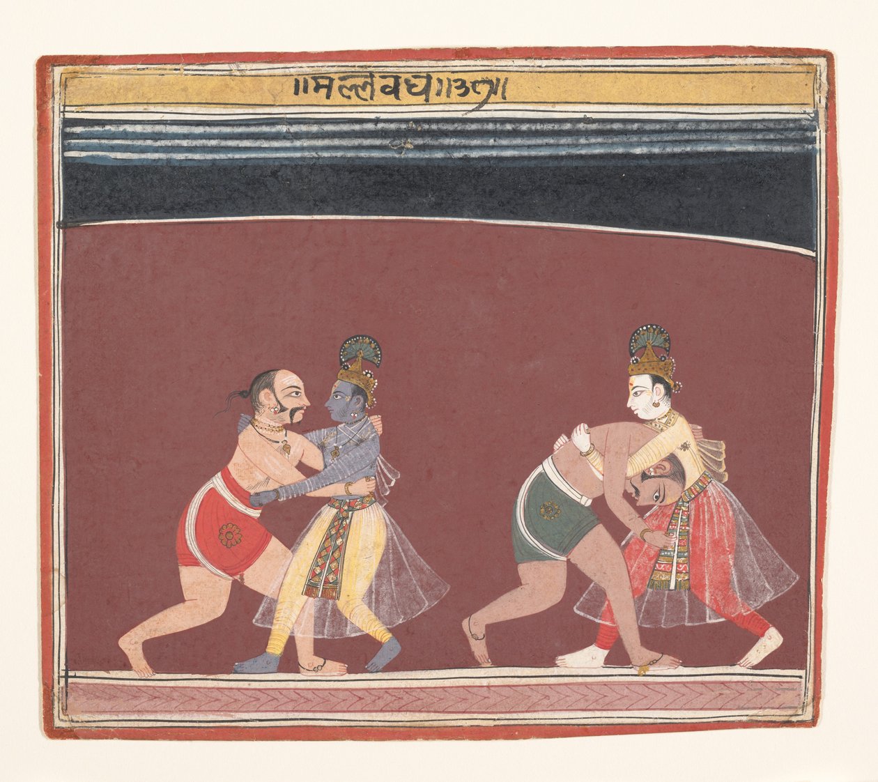Krishna ve Balarama, Kötü Kral Kamsas Güreşçileriyle Savaşıyor..., ca. 1650. by Unbekannt