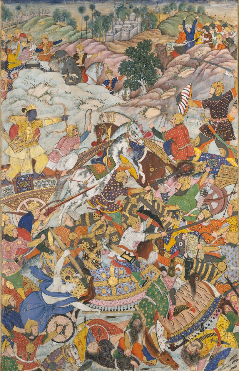 Krishna ve Balarama Düşmanla Savaşıyor, Bir Harivamsa'dan Folio The Legend of Hari..., c1590-95. by Unbekannt