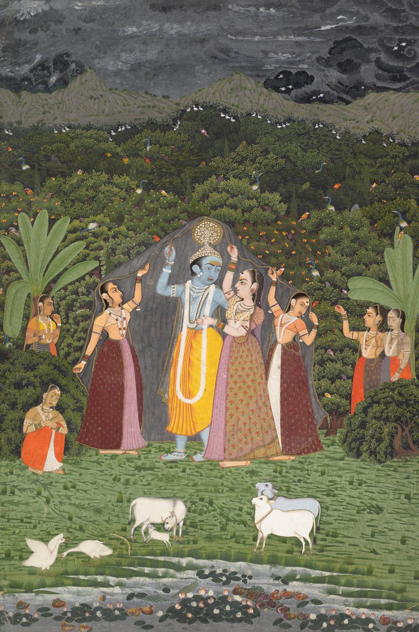 Krishna ve Gopiler Yağmurdan Korunuyor, 1760. by Unbekannt