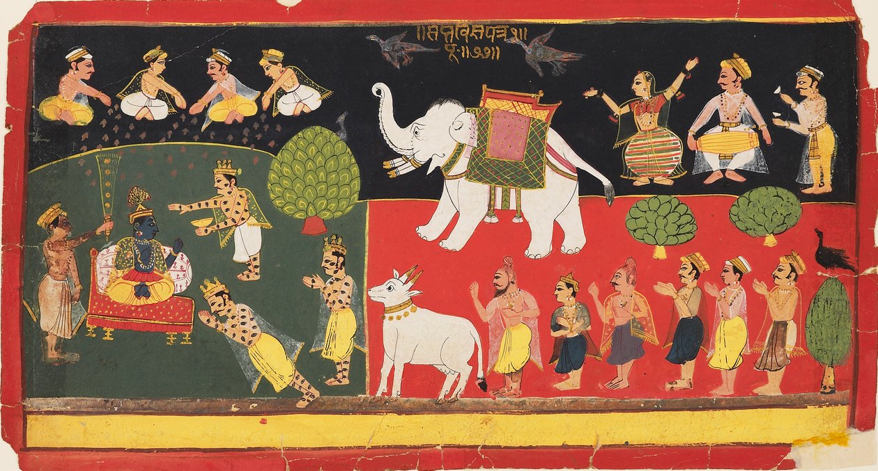 Indra tarafından saygı duyulan Krishna, beyaz bir file biniyor, c1720 by Unbekannt