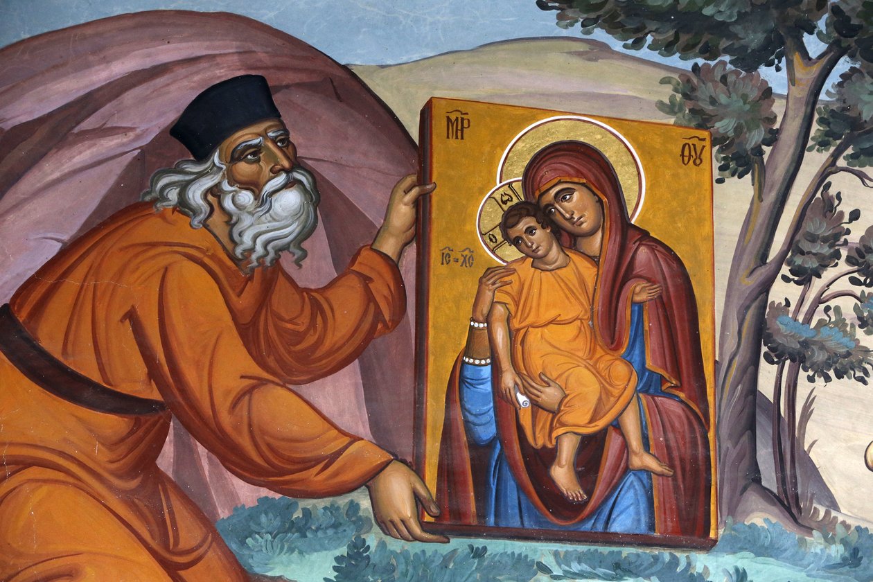Kykkos Manastırı, Kıbrıs. Fresk. Kutsal bir simge taşıyan keşiş, 20150510, Pedoulas, Kıbrıs by Unbekannt