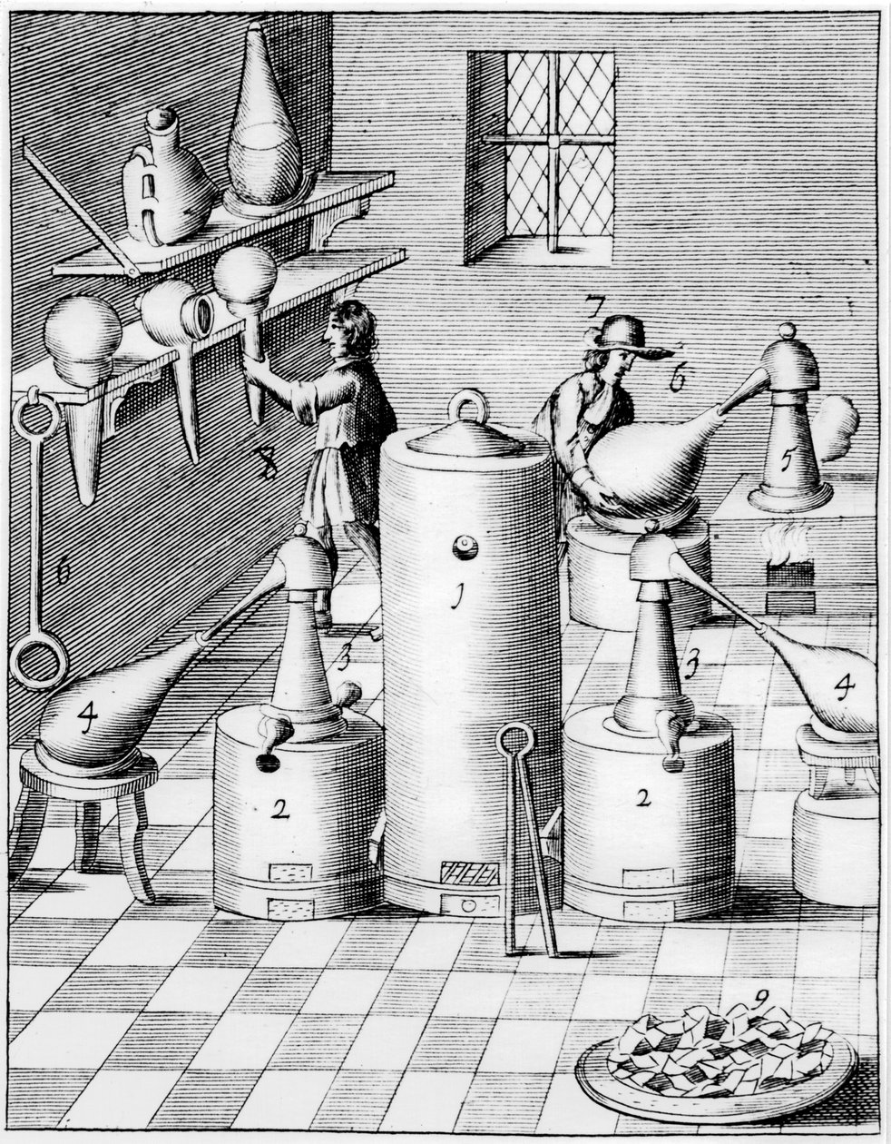 Altın ve gümüşün rafine edilmesi için laboratuvar, tipik laboratuvar ekipmanını gösteren, 1683 by Unbekannt