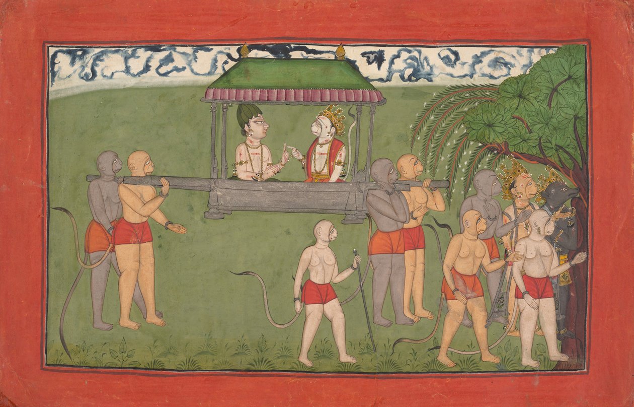 Lakshmana ve Sugriva, Ramas Kutsamasını Almak için Palanquin Tarafından Taşınıyor..., ca. 1710-25. by Unbekannt