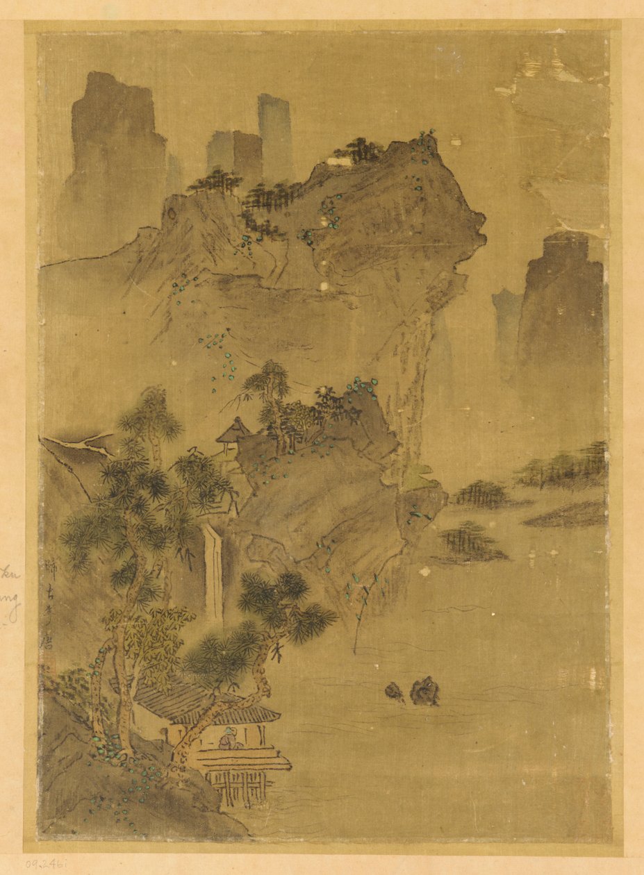 Manzara: su üzerinde sarkan kayalıklar - köşk ve çamlar, Muhtemelen Ming hanedanı, 1368-1644. by Unbekannt
