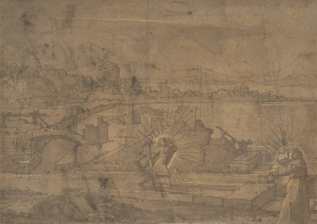 Aziz Christopher ve Erkek Manastır Aziz recto ile manzara..., 16. yüzyıl. by Unbekannt