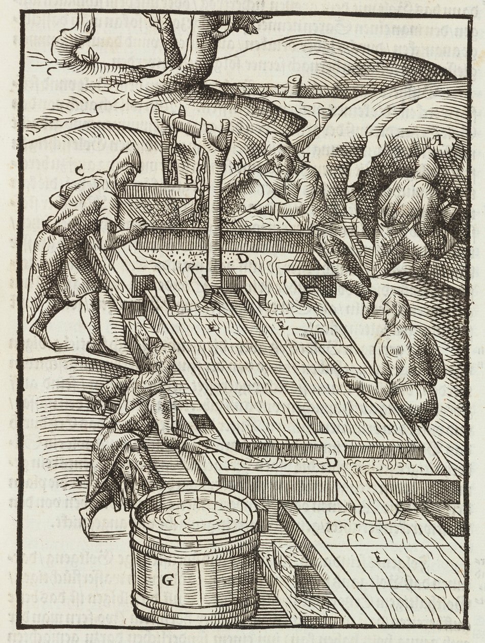 Su Dolu Ahşap Tepsilerde Altın Cevherinin Yıkanması - Cevherlerin Tanımından Gravür ve Madenciliğin Temel Yöntemleri, Lazarus Ecker by Unbekannt