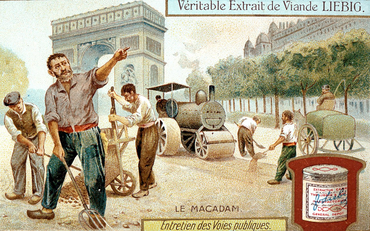 Macadam yol yüzeyinin döşenmesi ve buharlı yol silindiri ile sıkıştırılması, Paris, c1900 by Unbekannt