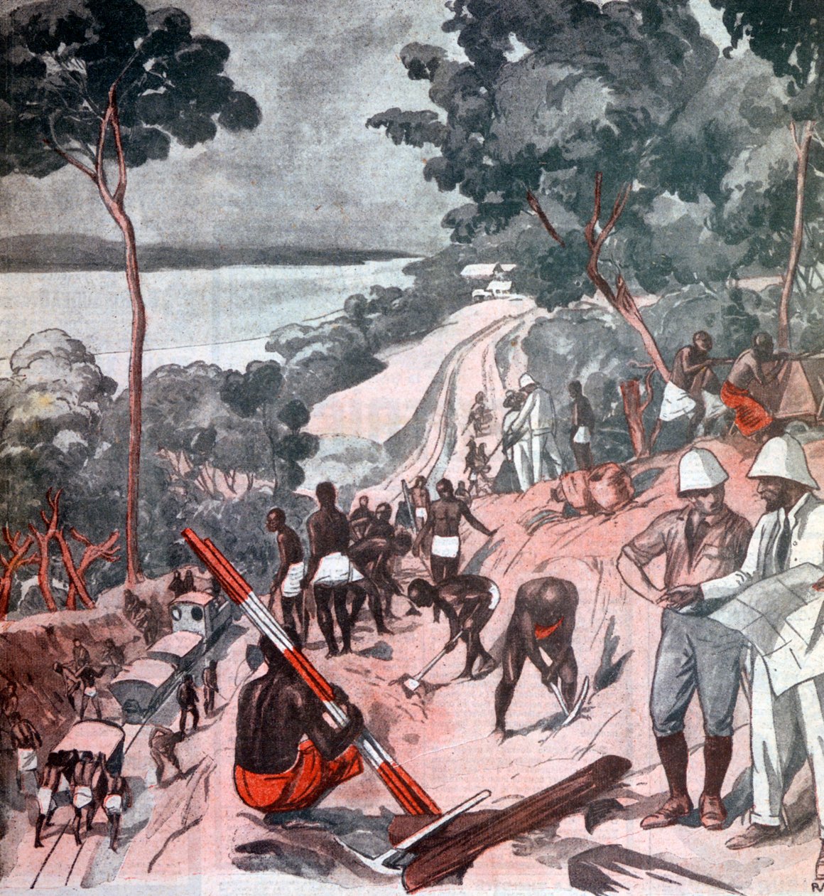 Ekvator güneşi altında demiryolu döşemesi, Brazzaville, Kongo, 1924 by Unbekannt