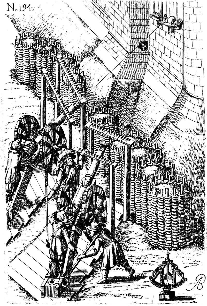 Kuşatma kanonunu hedefe yerleştirme, Le farklı et artificiose makinesinden, 1620 by Unbekannt