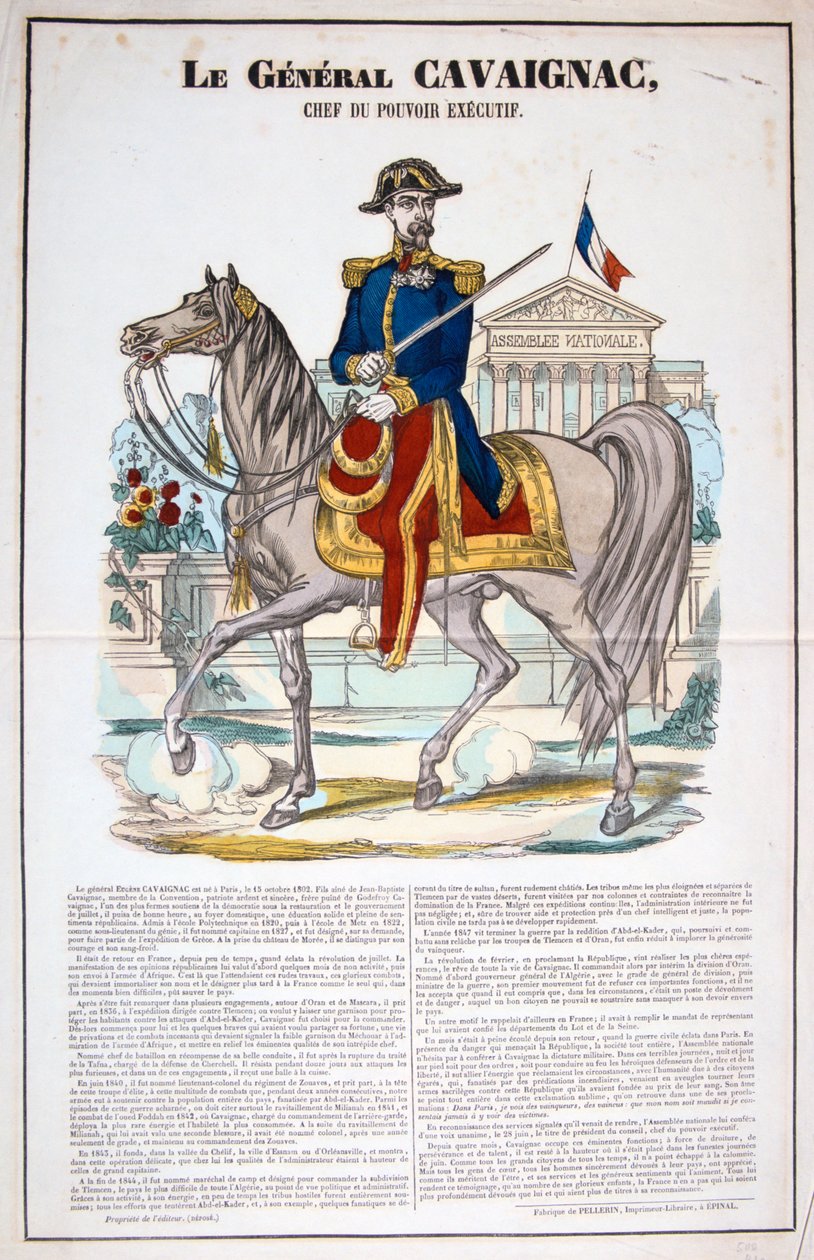 Le General Cavaignac 28 Haziran 1848, Fransa. Renkli Litograf. Özel koleksiyon by Unbekannt