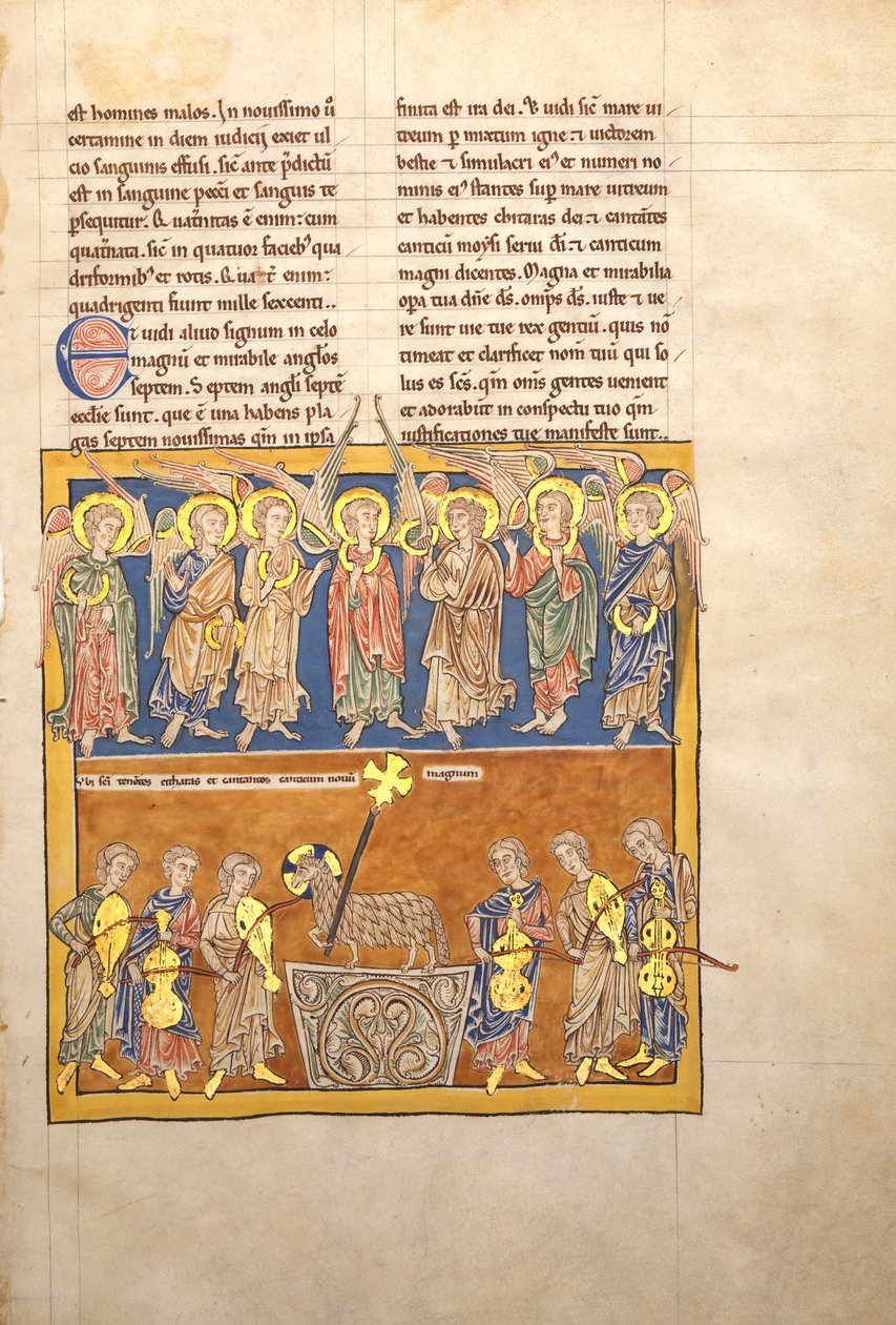 Bir Beatus El Yazmasından Bir Yaprak: Yedi Melek, Son Yedi Vebanın Kupalarını Tutar.., yaklaşık. 1180. by Unbekannt