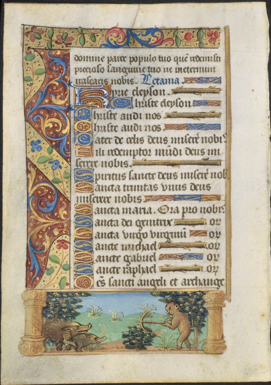 Bir Saatler Kitabından Yaprak: Yaban Domuzu Avlayan Maymun, c. 1500-1510. by Unbekannt
