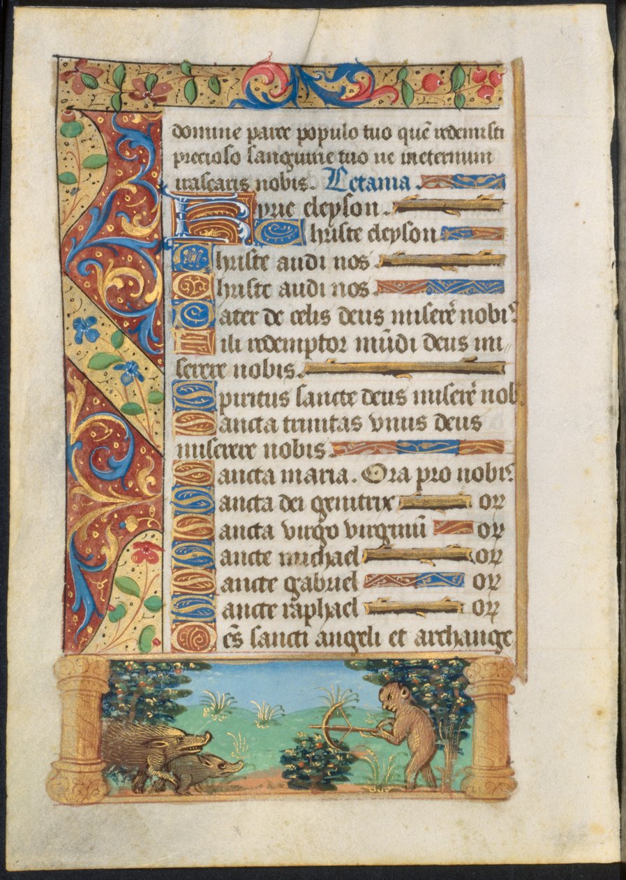 Bir Saatler Kitabından Yaprak: Maymun Avı Yaban Domuzu recto ve Maymun Balıkçılığı verso, c. 1500-1510. by Unbekannt