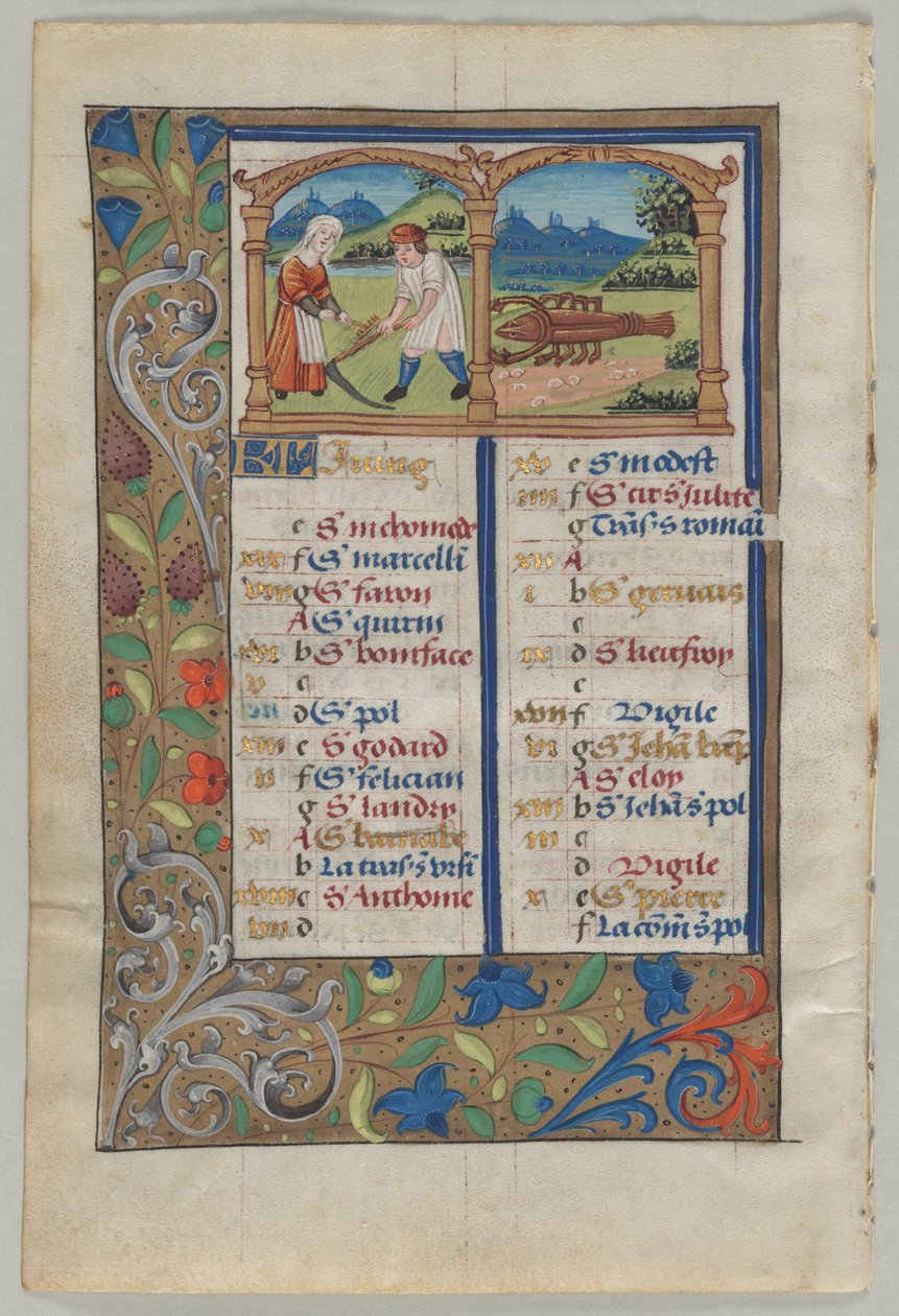 Saatler Kitabından Yaprak: Haziran Takvim Sayfası verso, c. 1510. by Unbekannt