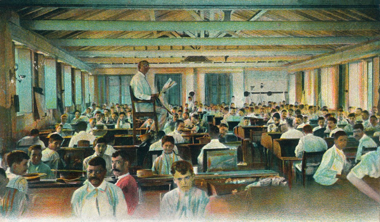 Puro silindirlerine öğretmen okuması, Puro Fabrikası, Havana, Küba, 1910