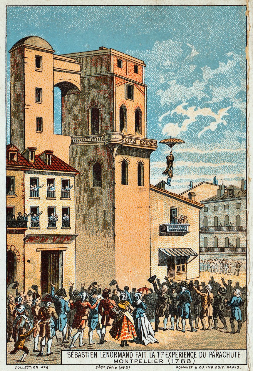 Lenormand, Montpellier gözlemevinin kulesinden atlıyor, 1783, 19. yüzyıl by Unbekannt