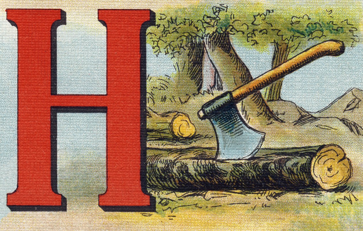 H harfi: balta. "Alphabet de ma petite fille" gravürü. Bernardin-Bechet ve Fils, kitapçı-yayıncılar, Paris, 1895 civarı. Tuval üzerine kırılmaz albüm. Bibliotheque des Bebes. 12 sayfa. Bir okuma yöntemi ve açıklayıcı bir abecedary içeren albüm. by Unbekannt