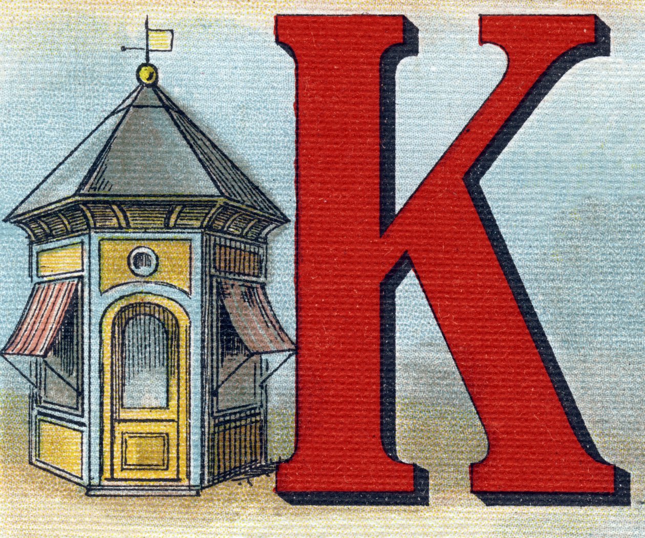 K harfi: kiosk. "Alphabet de ma petite fille" gravürü. Bernardin-Bechet ve Fils, kitapçı-yayıncılar, Paris, 1895 civarı. Tuval üzerine kırılmaz albüm. Bibliotheque des Bebes. 12 sayfa. Bir okuma yöntemi ve açıklayıcı bir abecedar içeren albüm by Unbekannt