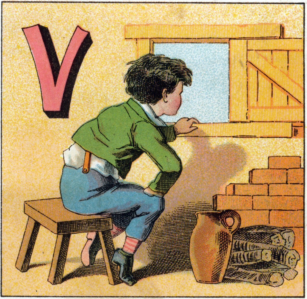 V harfi vasistas olarak. Meraklı çocuk pencereden dışarı bakıyor. "Alphabet des petits ecoliers" de gravür. Epinal