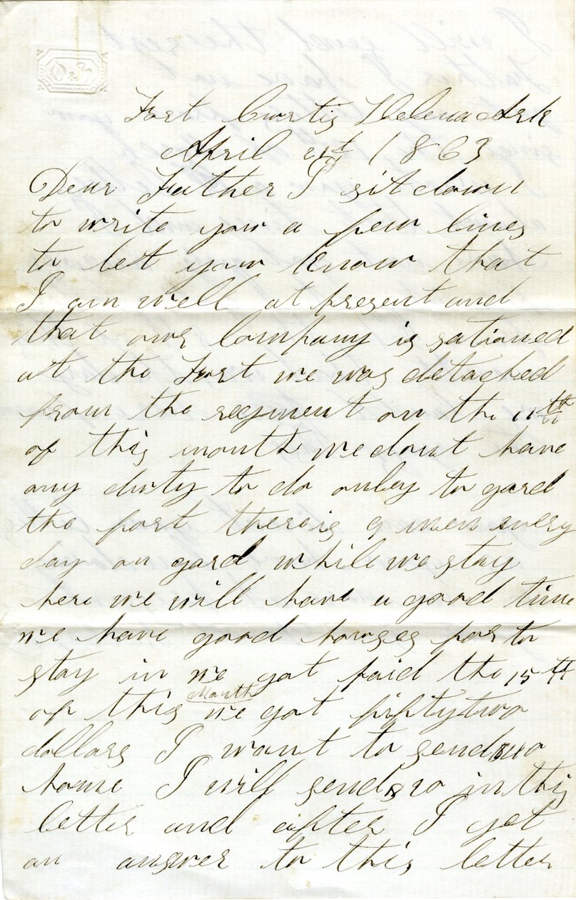 David T. Massey, Fort Curtis, Helena, Ark. tarafından babasına (Nathan Massey) imzalı mektup, 21 Nisan 1863 by Unbekannt