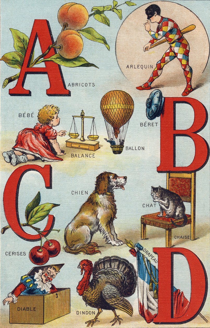 Harfler A B C D; kayısı; alacalı; Denge; Balon; Bebe; Kirazlar; Kedi Sandalyesi; Köpek; Battaniye; Şeytan; Türkiye; Bayrak. "Alphabet de ma petite fille" gravürü. Bernardin-Bechet ve Fils, kitapçı-yayıncılar, Paris, 1895 civarı. Kırılmaz albüm can on by Unbekannt