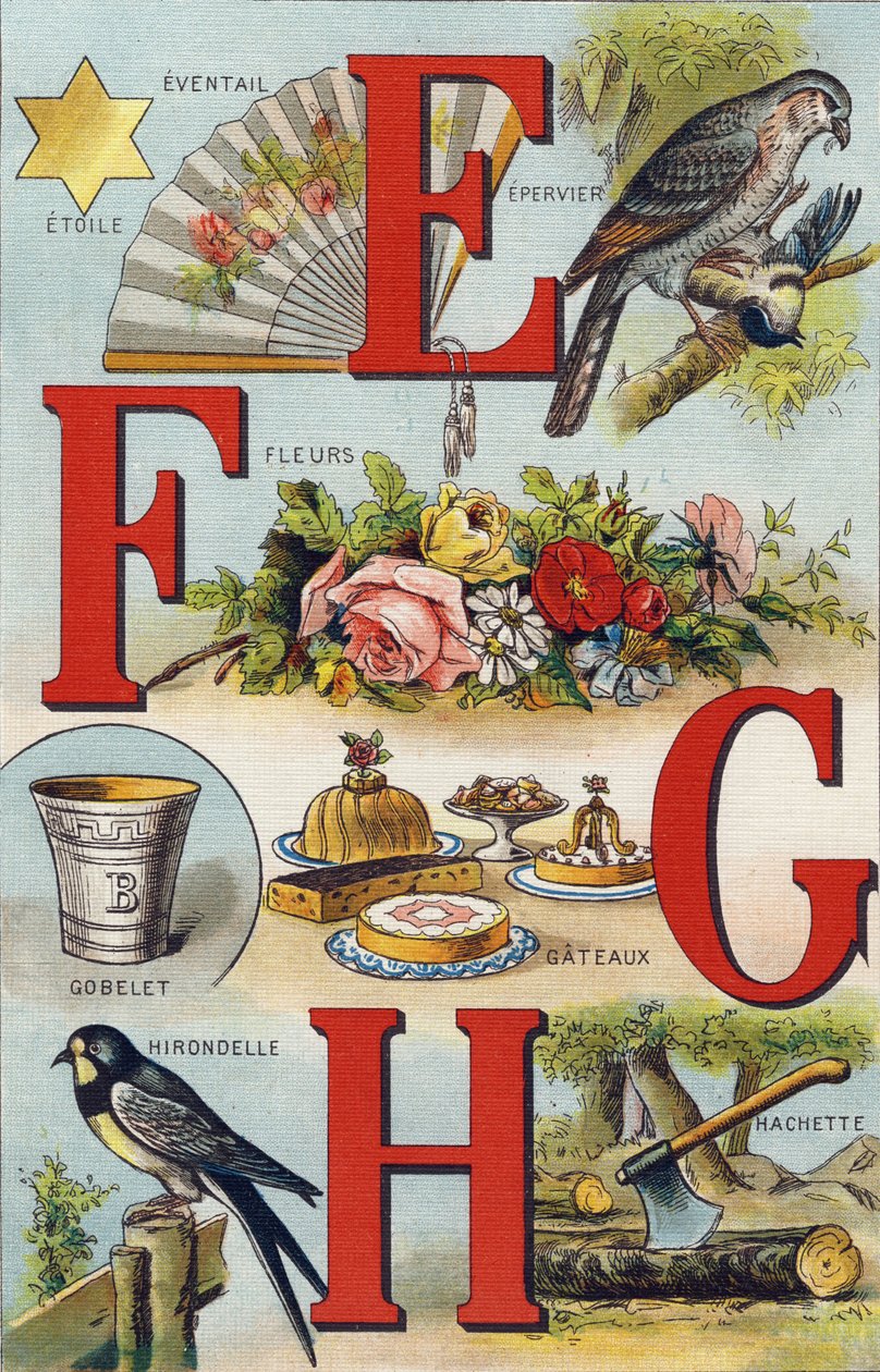 Harfler E F G H; Yutmak; Fan; Çiçekler; Kekler; Fincan; Hachette; Yutmak. "Alphabet de ma petite fille" gravürü. Bernardin-Bechet ve Fils, kitapçı-yayıncılar, Paris, 1895 civarı. Tuval üzerine kırılmaz albüm. Bibliotheque des Bebes. 12 sayfa. albüm ortak by Unbekannt
