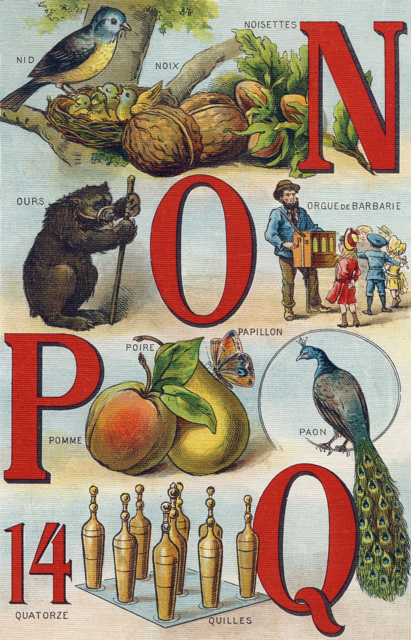 Harfler N O P Q; Yuva; Fındıklar; Seçici Organ; Dayanmak; Tavuskuşu; Kelebek Elma Armut; Kaseler. "Alphabet de ma petite fille" gravürü. Bernardin-Bechet ve Fils, kitapçı-yayıncılar, Paris, 1895 civarı. Tuval üzerine kırılmaz albüm. Bibliotheque des Bebe by Unbekannt
