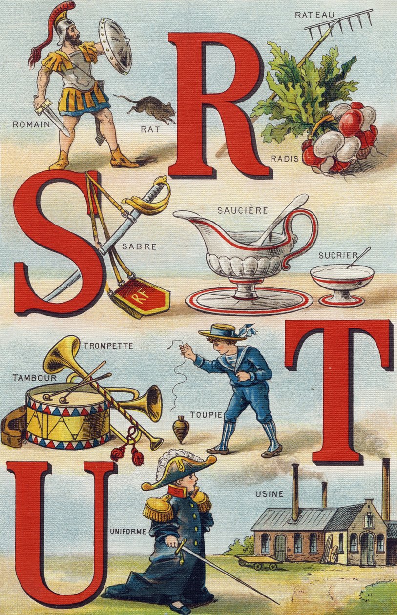 Harfler R S T U; turp tırmığı; Roma; kılıç; Sauciere Şekeri; Trompet davul; Üst; üniforma; Fabrika. "Alphabet de ma petite fille" gravürü. Bernardin-Bechet ve Fils, kitapçı-yayıncılar, Paris, 1895 civarı. Tuval üzerine kırılmaz albüm. Bibliotheque tasarımı by Unbekannt