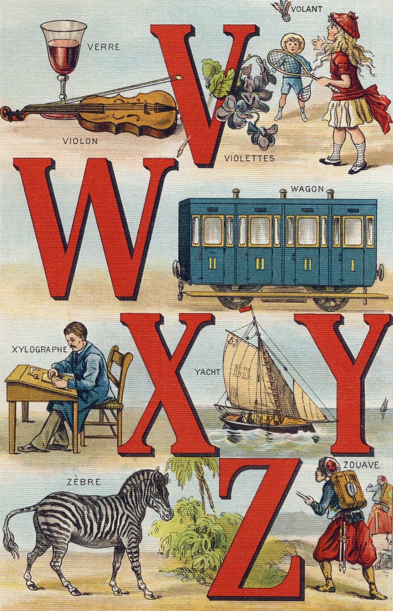 Harfler VWXYZ; Direksiyon; vagon; ksilograf; Yat; Zebra; Zouave. "Alphabet de ma petite fille" gravürü. Bernardin-Bechet ve Fils, kitapçı-yayıncılar, Paris, 1895 civarı. Tuval üzerine kırılmaz albüm. Bibliotheque des Bebes. 12 sayfa. albu by Unbekannt