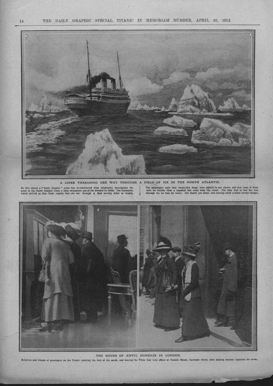 Bir buz alanında gemi ve Titanik felaketinin haberlerini bekleyen insanlar, 20 Nisan 1912. by Unbekannt