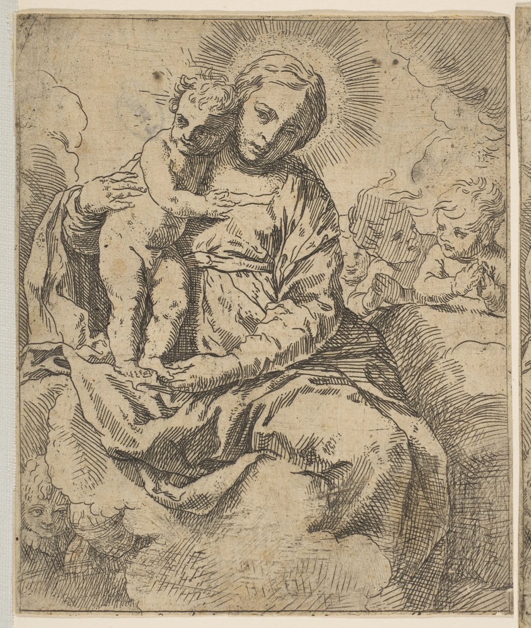 Bulutların üzerinde oturan ve meleklerle çevrili Madonna ve Çocuk, tersten kopyalayın..., ca.1639 veya sonra. by Unbekannt