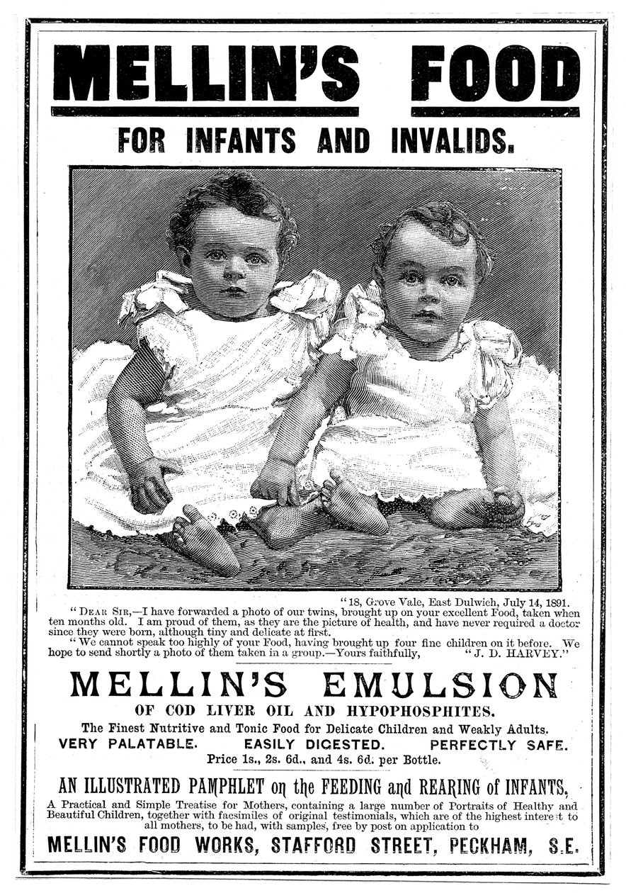 Morina karaciğeri yağı bazlı bir gıda takviyesi olan Mellins Emulsion için dergi reklamı, c1890 by Unbekannt