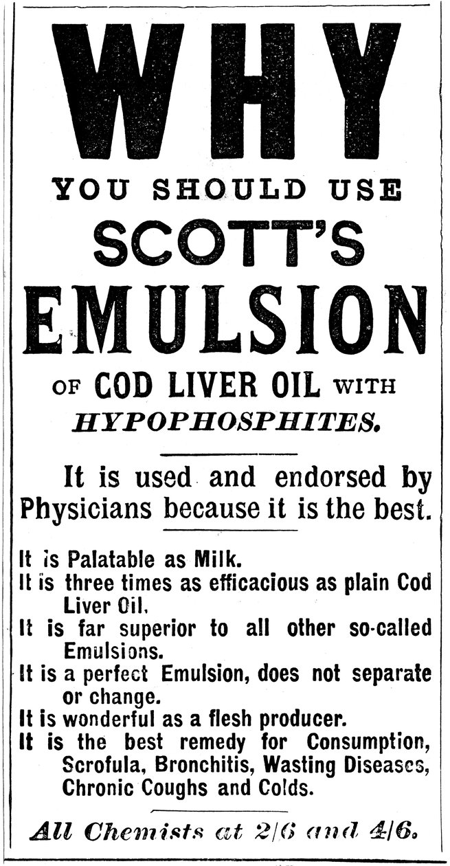Cod Liver Oil, 1890 Scotts Emülsiyonu için dergi reklamı by Unbekannt