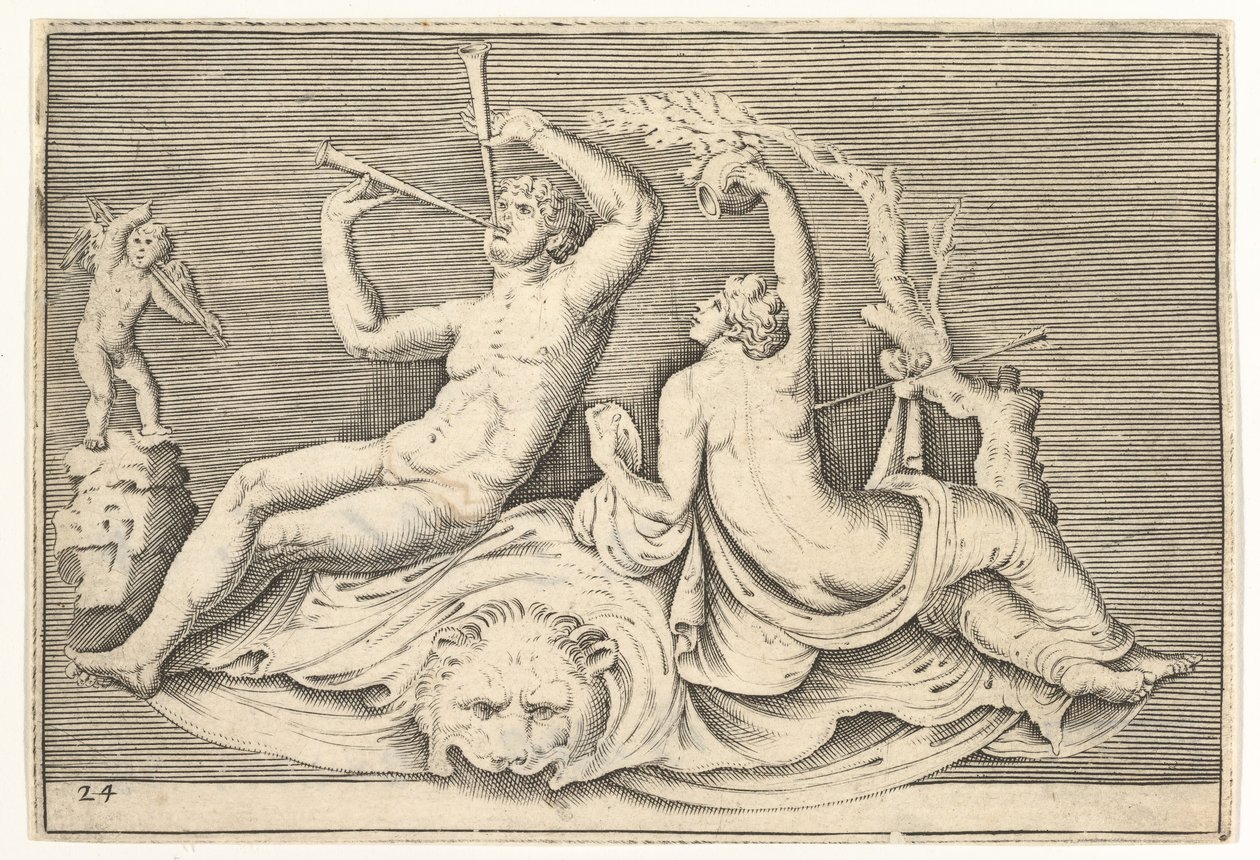 Lionskin Üzerinde İki Flüt Çalan Adam ve Kadın, yayınlanmış ca. 1599-1622. by Unbekannt