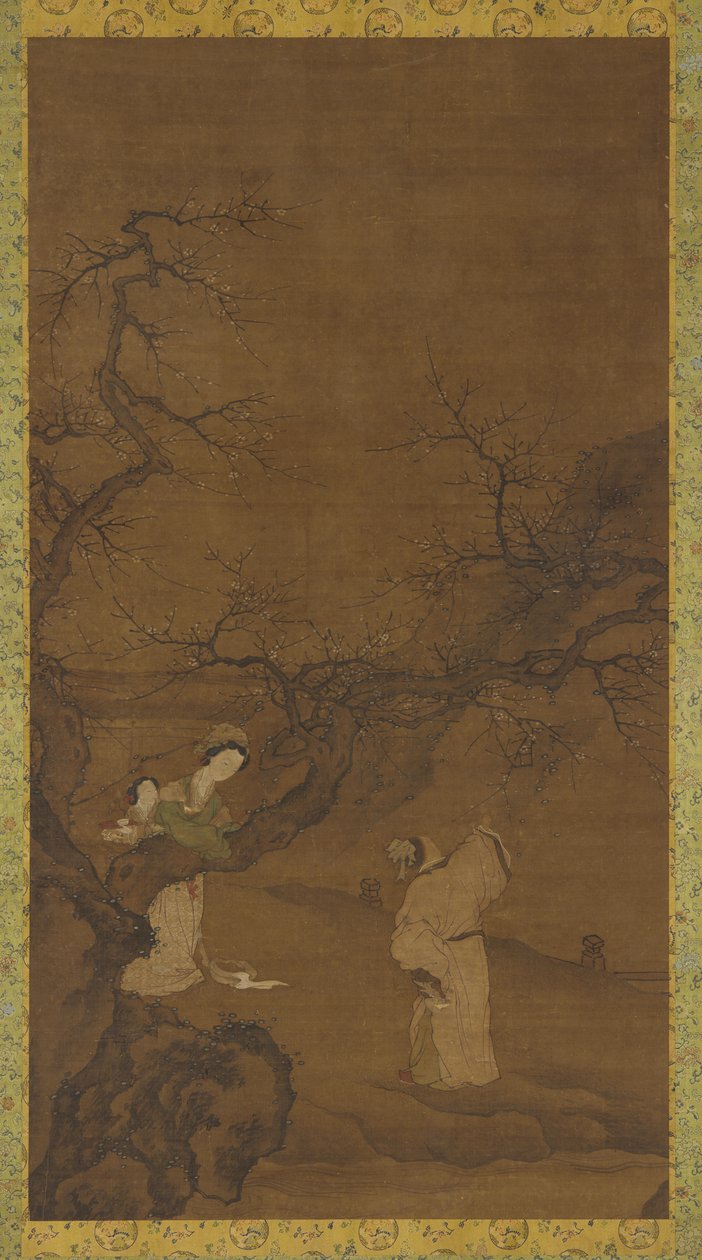 Erkek ve kadın erik çiçeklerinin tadını çıkarıyor, Ming veya Qing hanedanı, 15.-18. yüzyıl. by Unbekannt