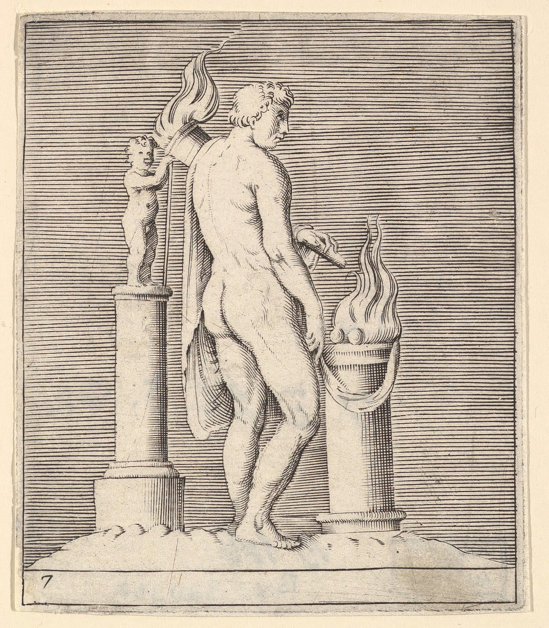 Flaming Altar ve Heykelcik Arasında Meşaleli Adam, yaklaşık olarak yayınlandı. 1599-1622. by Unbekannt
