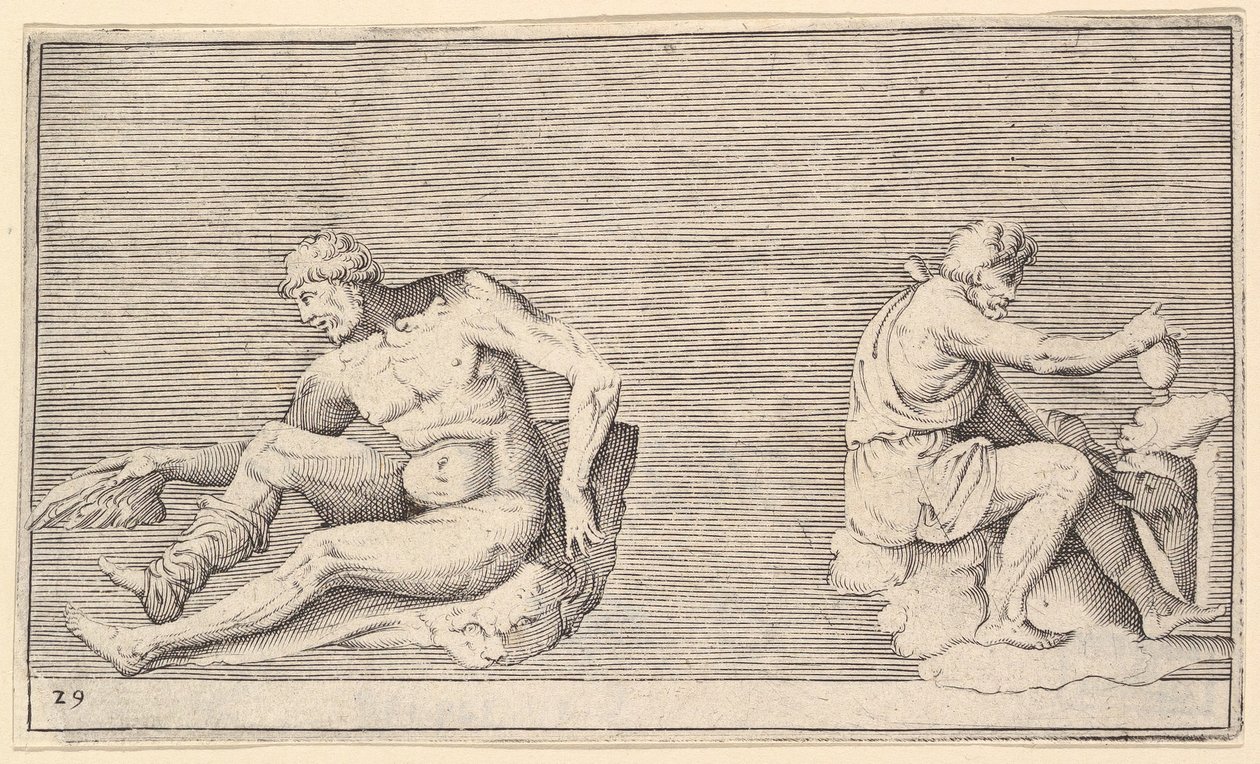 Kanatlı Adam, Vazolu ve Köpekli Adam, yayınlandı ca. 1599-1622. by Unbekannt