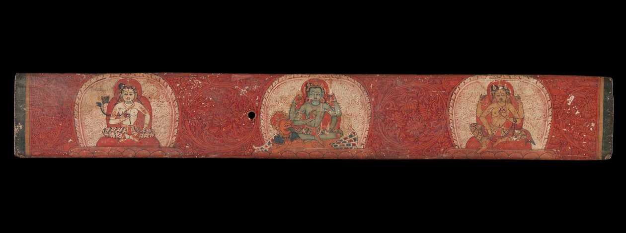 Lakshmi ve Sarasvati tarafından kuşatılmış Vishnu ile El Yazması Kapak, 14. yüzyıl. by Unbekannt