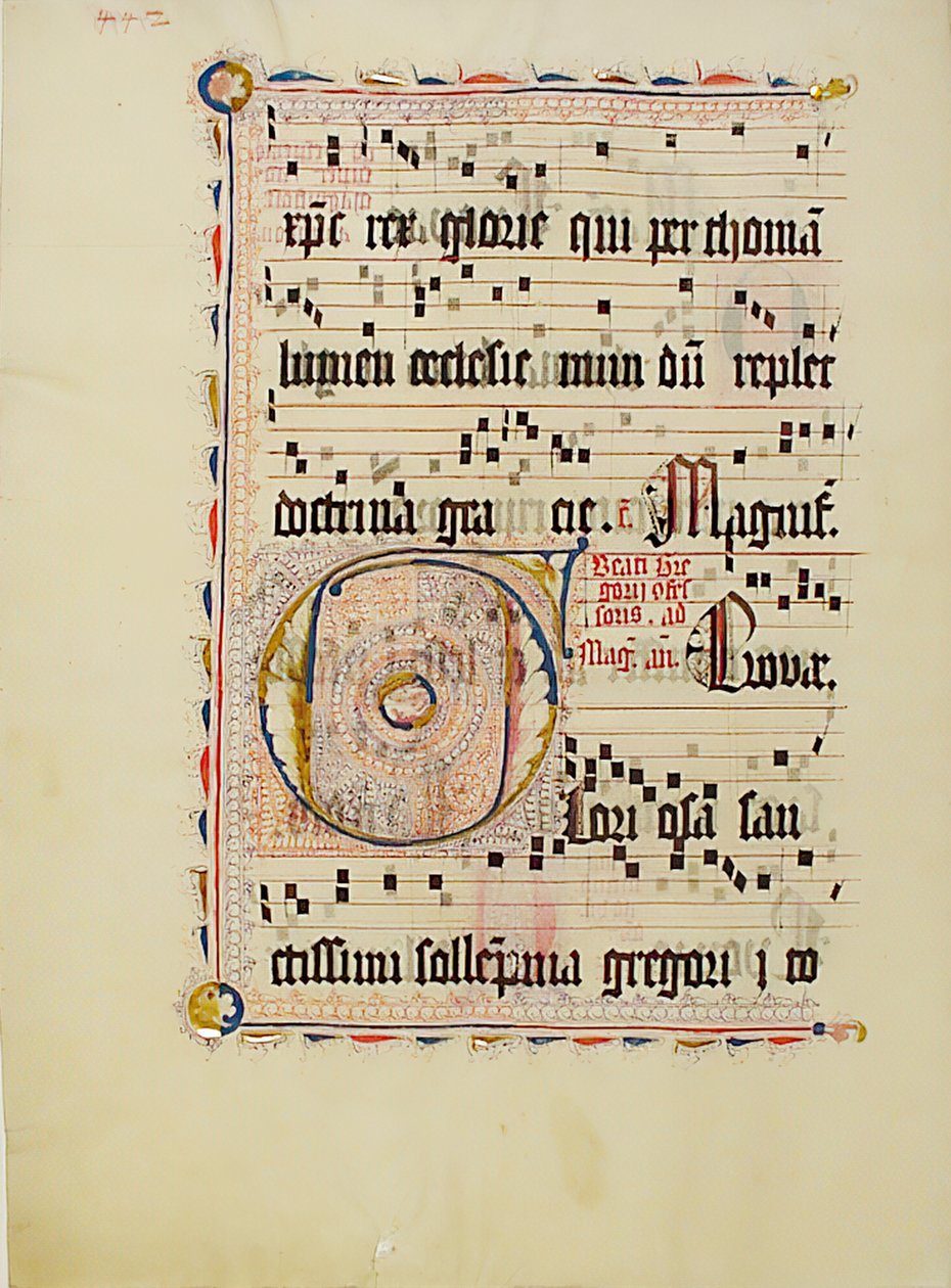 Bir Antiphonary, Almanca, 15. yüzyılın ikinci çeyreğine ait Baş Harfi F ile El Yazması Yaprağı. by Unbekannt
