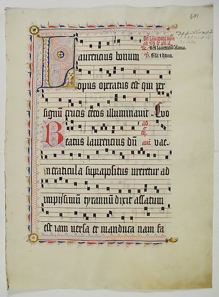 Bir Antiphonary, Almanca, 15. yüzyılın ikinci çeyreğinden baş harfi L olan El Yazması Yaprağı. by Unbekannt