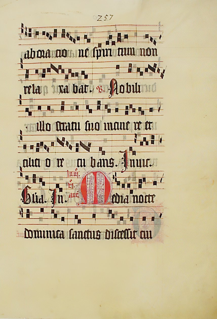 Bir Antiphonary, Almanca, 15. yüzyılın ikinci çeyreğine ait Baş Harfi M ile El Yazması Yaprağı. by Unbekannt