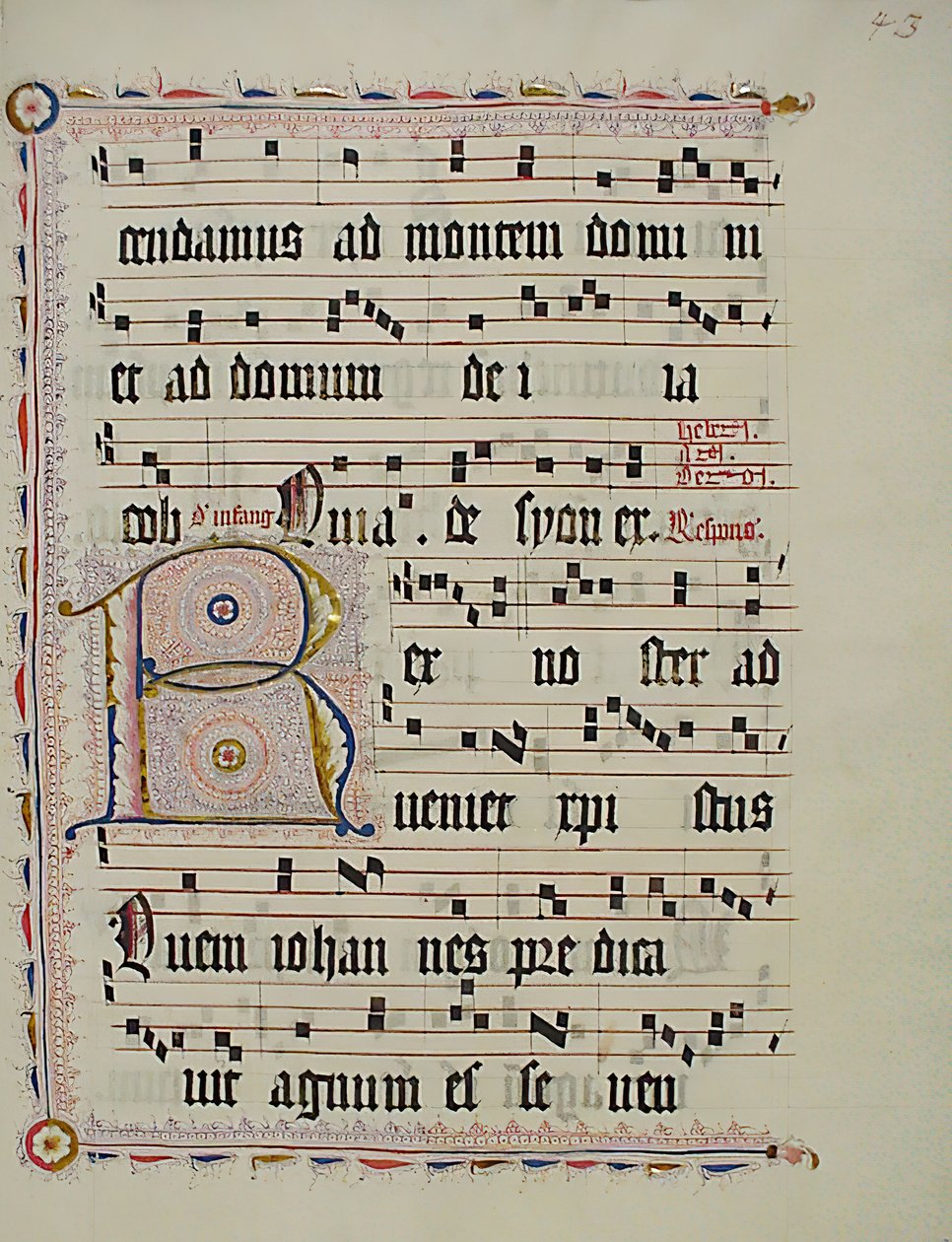 Bir Antiphonary'den, Almanca, 15. yüzyılın ikinci çeyreğinden baş harfi R olan El Yazması Yaprağı. by Unbekannt