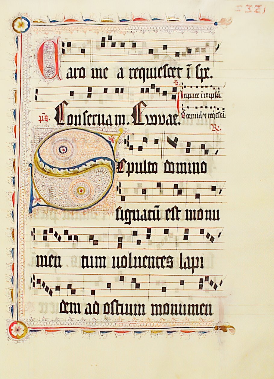 Bir Antiphonary, Almanca, 15. yüzyılın ikinci çeyreğine ait Baş Harfi S ile El Yazması Yaprağı. by Unbekannt