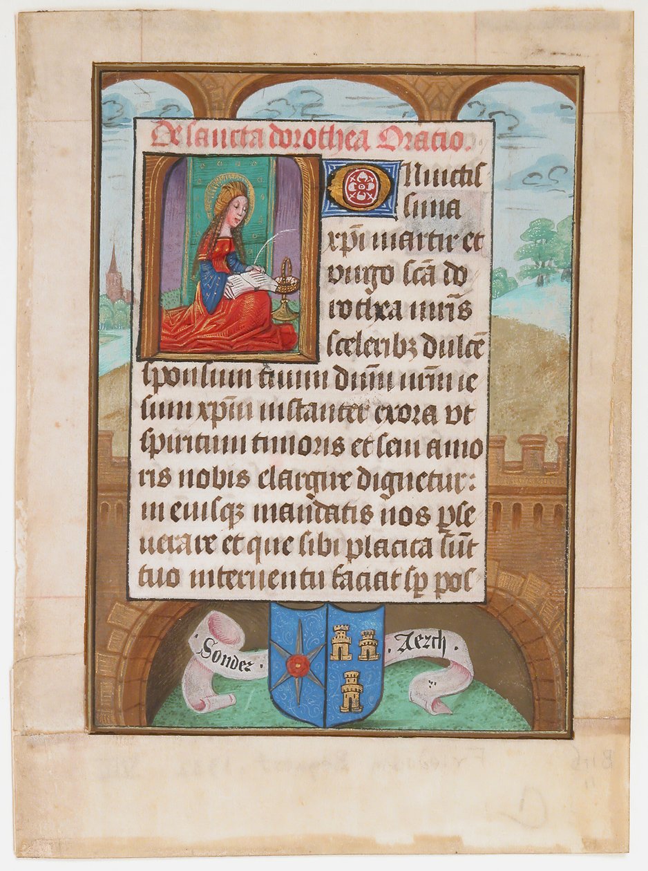 El Yazması Leaf with Saint Dorothy, Bir Saatler Kitabından, yakl. 1500. by Unbekannt