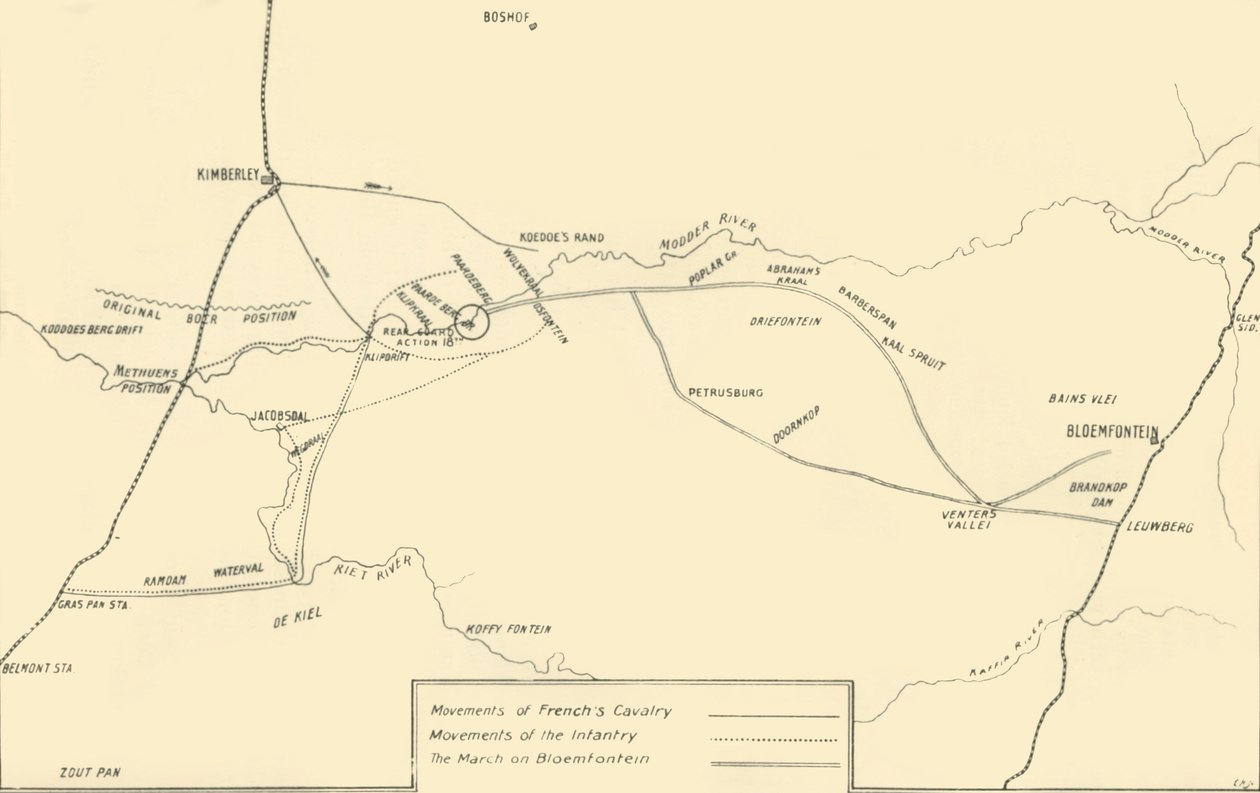 Kimberley'in Yardımı ve Bloemfontein'in Ele Geçirilmesi için Hareketleri Gösteren Harita, 1901. by Unbekannt