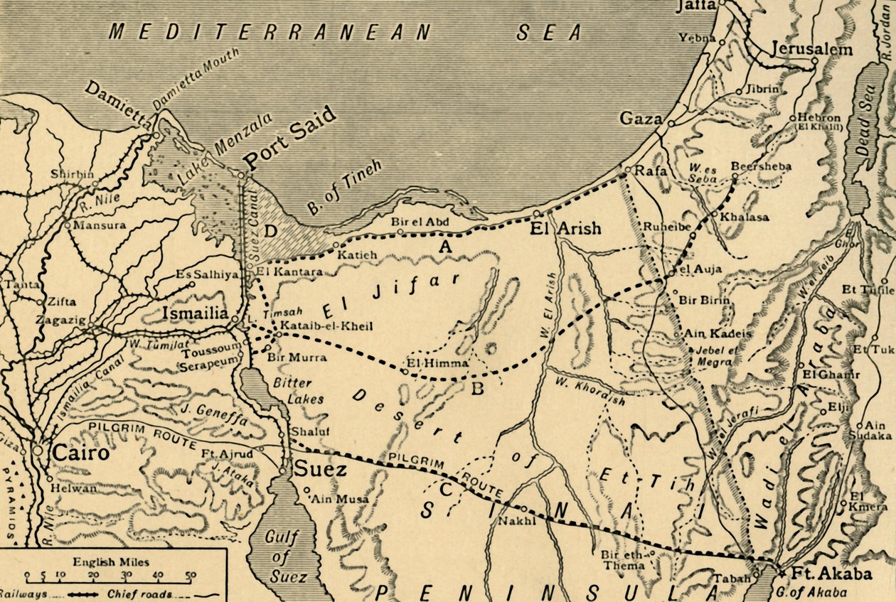 Map of the Turkish attack on the Suez Canal, Egypt, First World War, 1915, c1920.  by Unbekannt