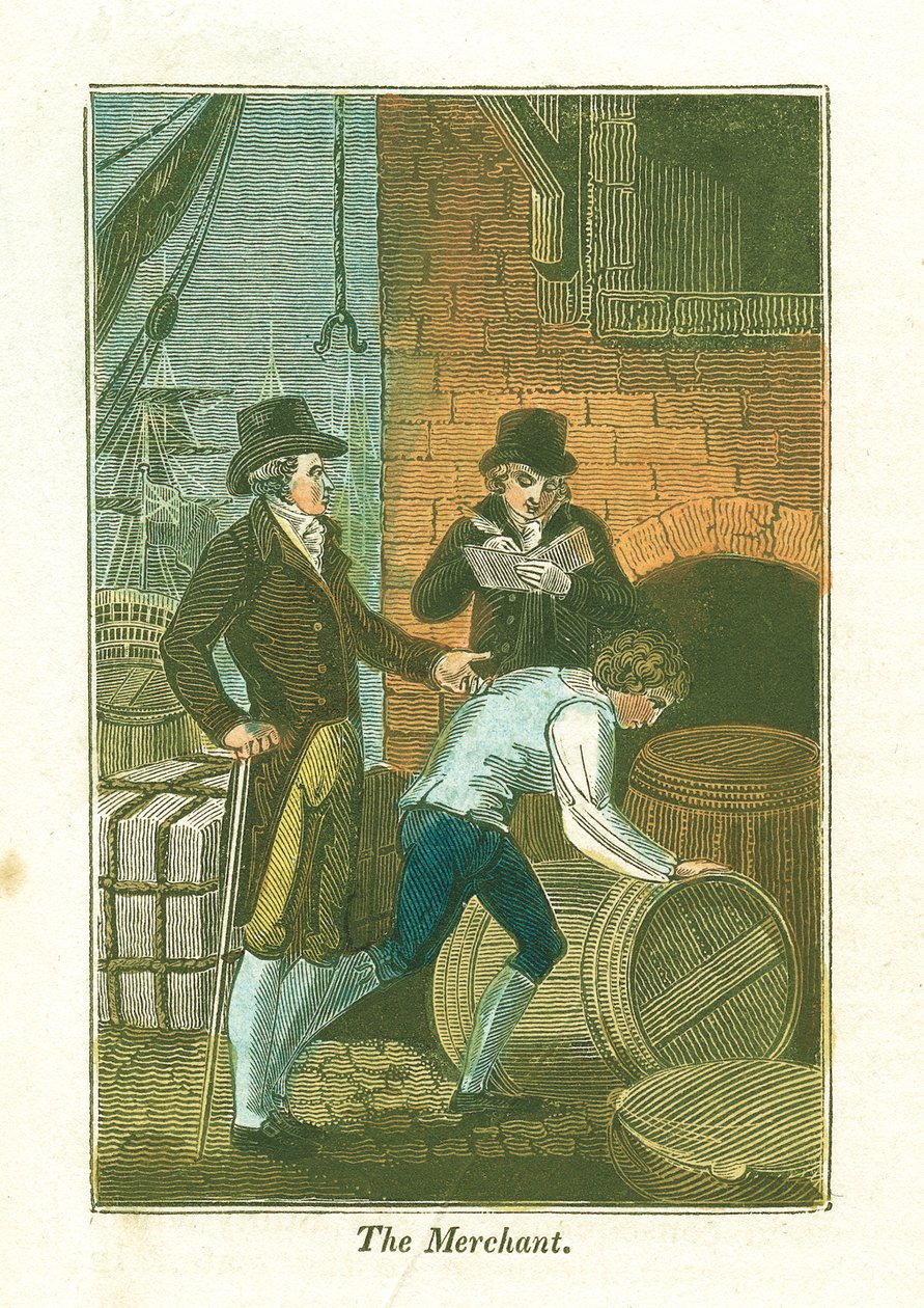 Tüccar ve katibi, limanda bir depoda malları kontrol ediyor, 1823 by Unbekannt