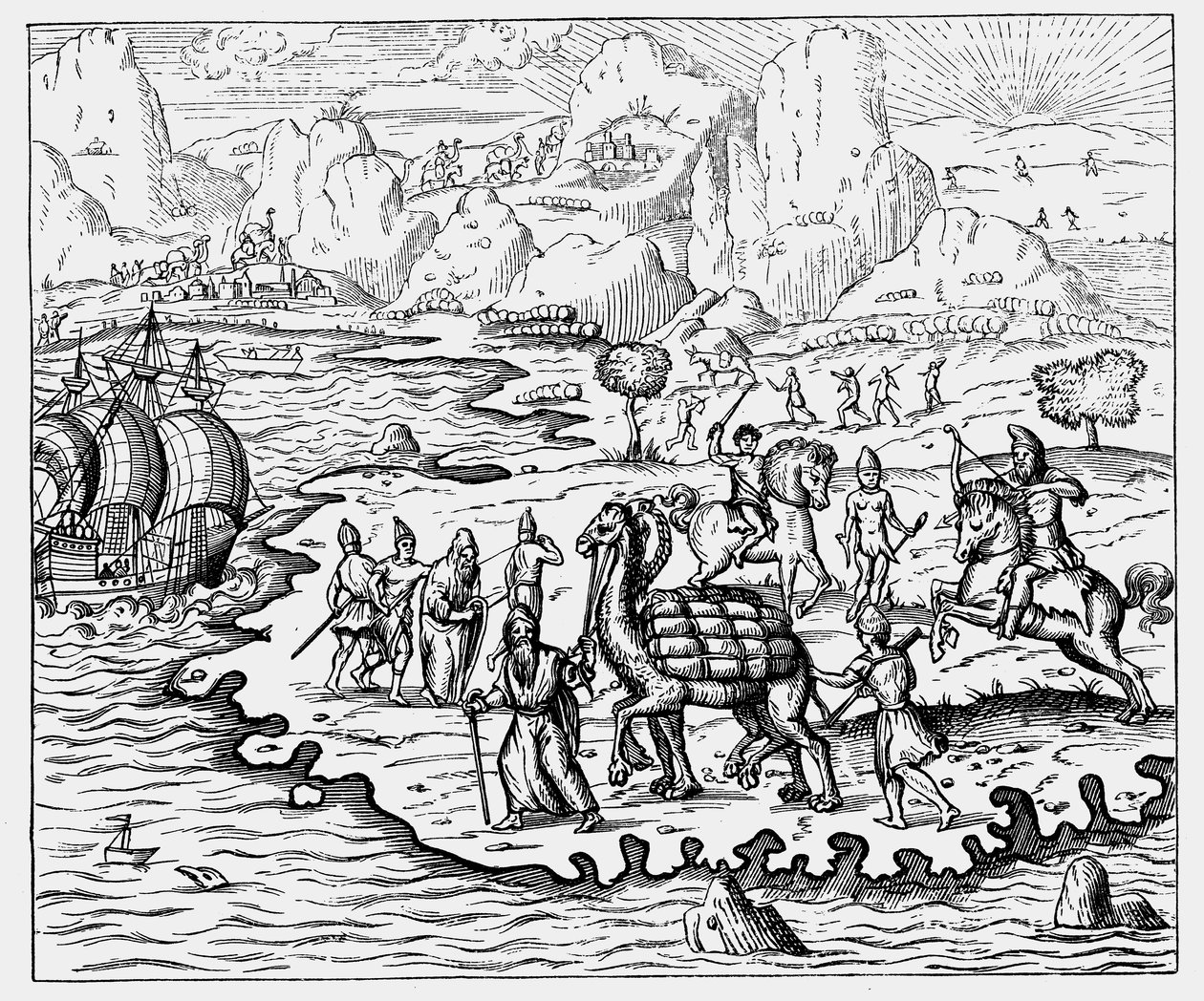 Deveyle kıyıya mal taşıyan tüccarlar ve bekleyen bir gemi, 1575 by Unbekannt