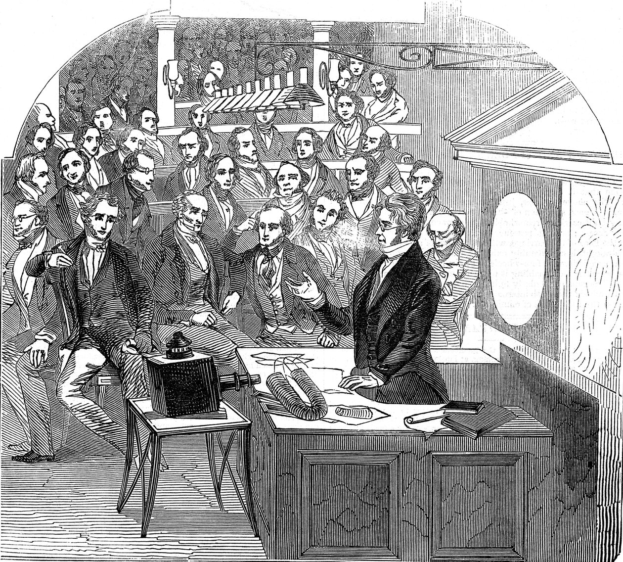 Michael Faraday elektrik ve manyetizma üzerine ders veriyor, Kraliyet Enstitüsü, Londra, 1846 by Unbekannt